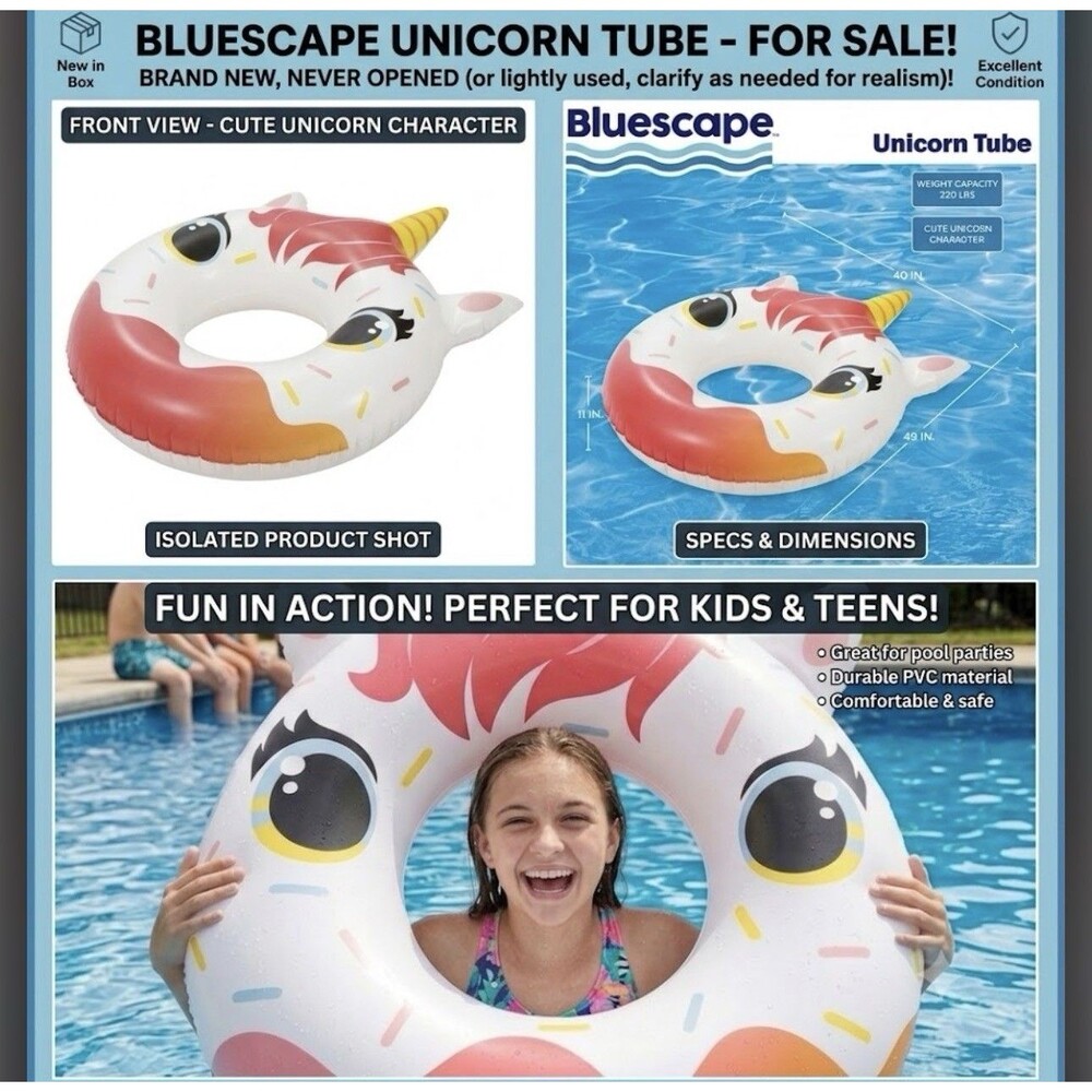 Bluescape White Unicorn Donut Inflatable Swim Tube Pool Float, for Kids,  9 & UP